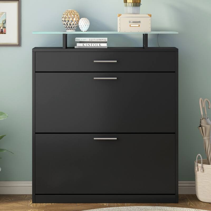 35 in.W Shoe Storage Cabinet with 2 Flip Drawers Tempered Glass Top - 2-Tier