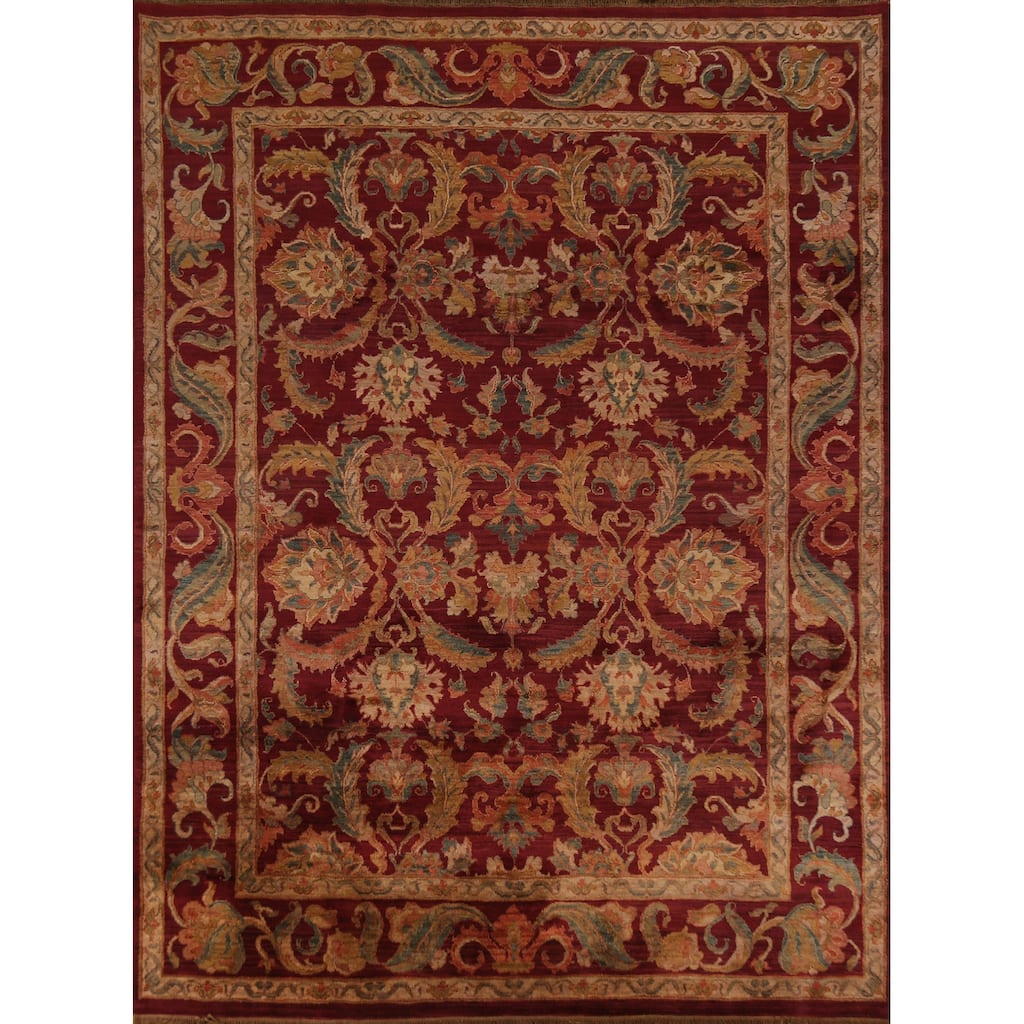 All-Over Floral Red Agra Indian Area Rug Hand-Knotted Wool Carpet - 7'10"x 10'4"
