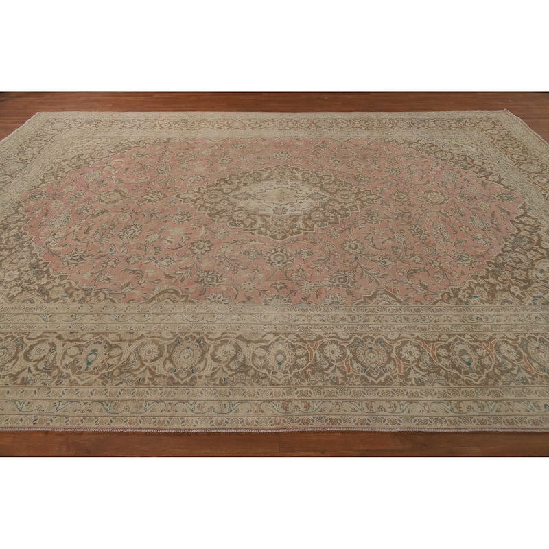 Traditional Pink Mashad Persian Vintage Area Rug Handmade Wool Carpet - 9'7" x 12'8"