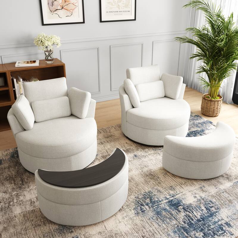 Upholstered Barrel Swivel Chairs with Moon Ottoman (Set of 2)