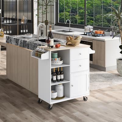 Kitchen Cart with Spice Rack 3 Open Shelves & 2 Drawers Rubber wood top Kitchen Island with 4 Wheels for Dining Rooms Kitchens