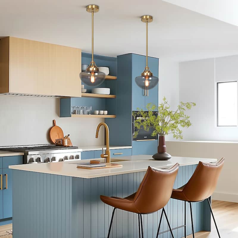 Modern 1-Light Gold Kitchen Island Pendant Light Grey Glass Hanging Light for Dining Room - 8.5"Dia x 22"H