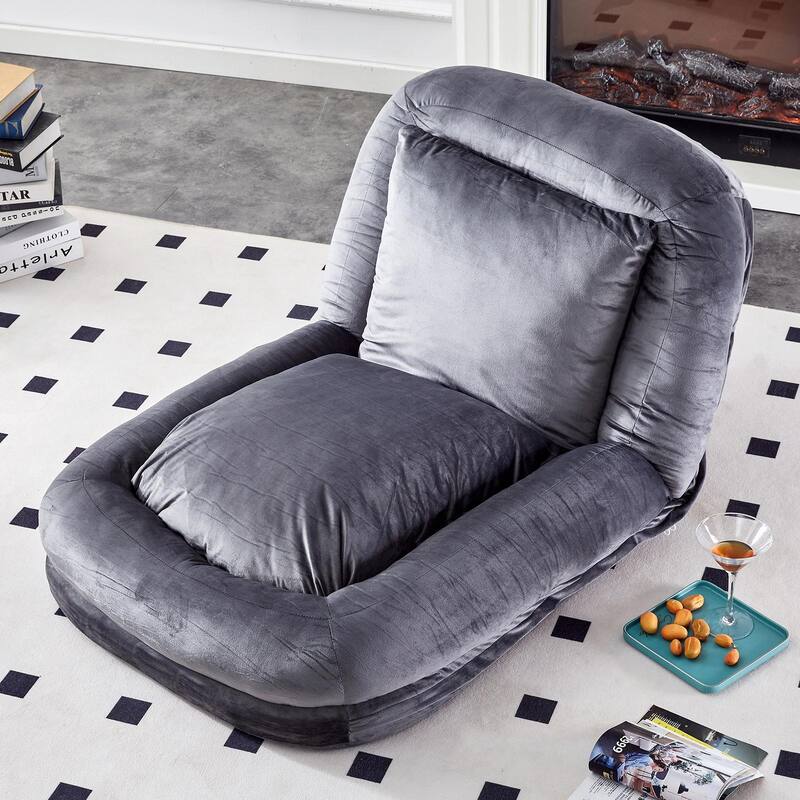 Folding Sofa Chair with 5 Adjustable Positions, Plush Floor Lounge Chair - Gray-Flannelette