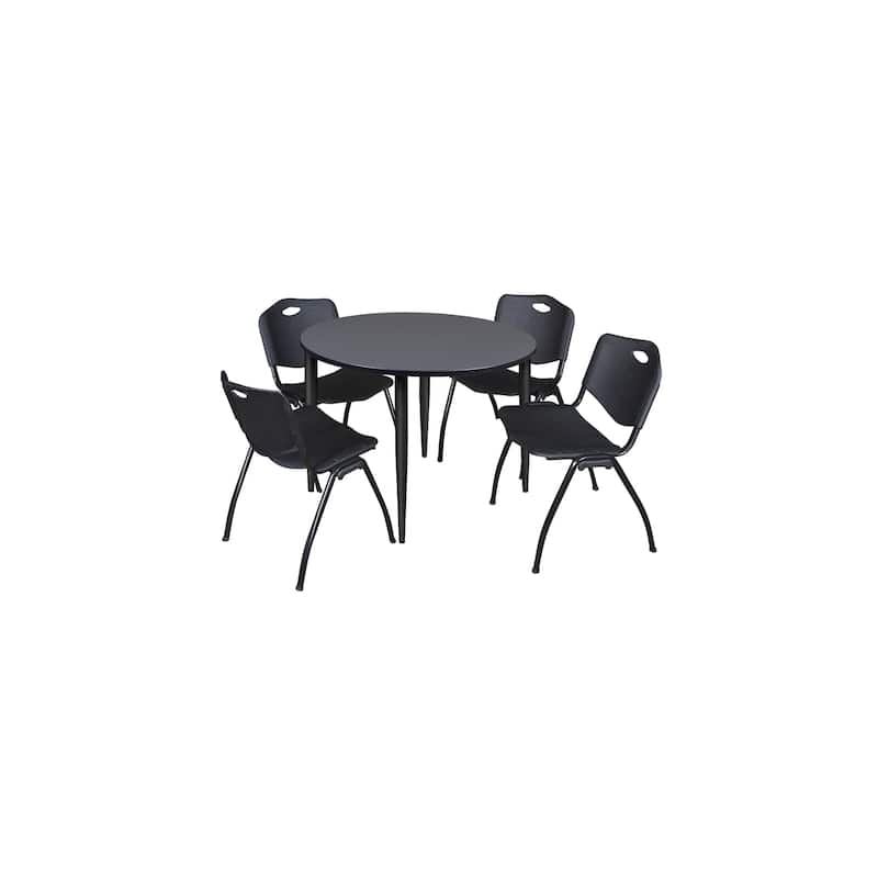 48 in. Round Breakroom Table- Grey Top, Black Base & 4 M Stack Chairs- Black