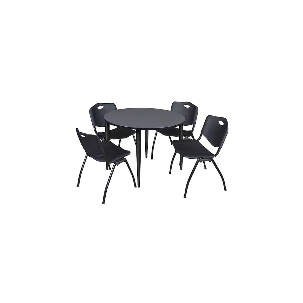 48 in. Round Breakroom Table- Grey Top, Black Base & 4 M Stack Chairs- Black