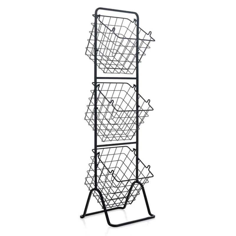 3-Tier Black Steel Kitchen Counter Fruit Basket Stand with Removable Wire Baskets - 12" x 11" x 42.5"(L x W x H)