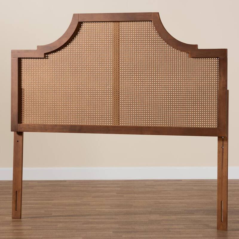 Mid-Century Modern Ash Walnut Wood and Rattan King Size Headboard with Woven Detail and Retro Charm
