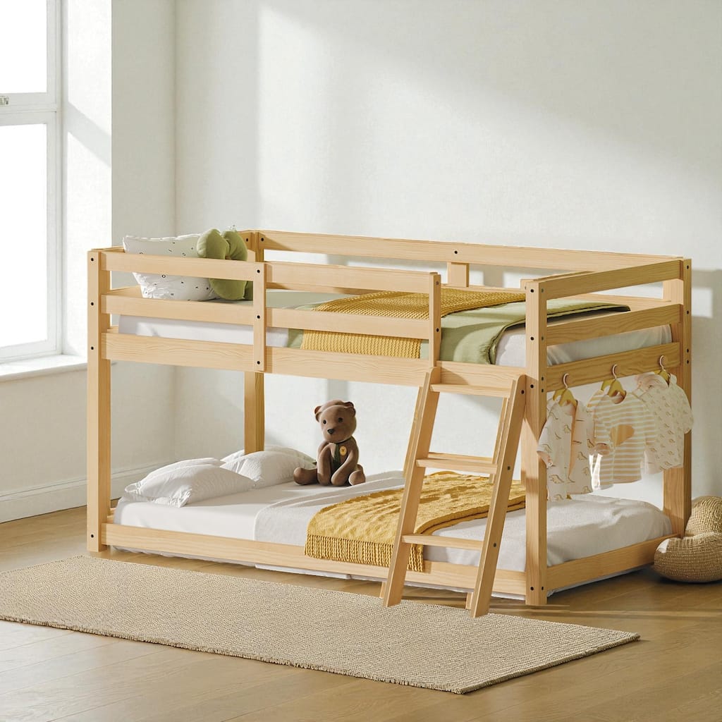 Kids Twin Convertible Low Loft Bed to Bunk Bed, Solid Wood Modern Frame with LED Strip Lighting and Storage Hooks