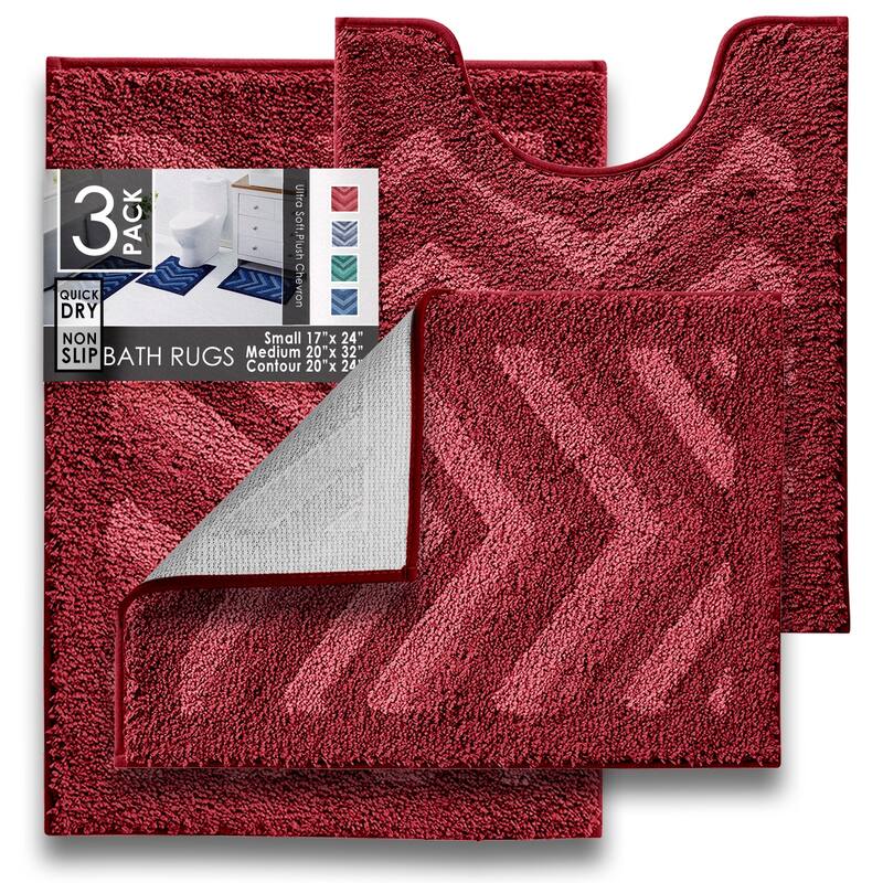 Clara Clark Non Slip Shaggy Bath Rug Set - Chevron Design Ultra Soft Bathroom Mat