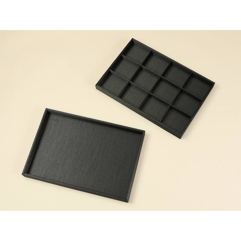 Set of 2 Stackable Fabric Jewelry Organizer Trays with Removable Dividers for Drawers, Jewelry Organizer Inserts Storage - Black
