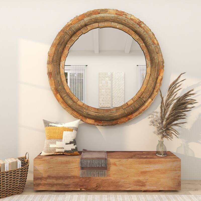 Brown Wood Large Room Wall Mirror with Layered Wood Chip and Stick Design