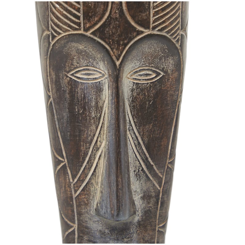 Polystone Mask Slim African Tribal Sculpture with Cream Geometric Carvings - Brown - Roche River Decor - 4"W x 4"L x 24"H