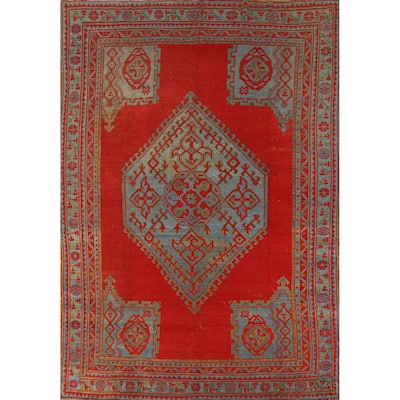 Vegetable Dye Oushak Turkish Antique Area Rug Handmade Wool Carpet - 7'3" x 9'9"