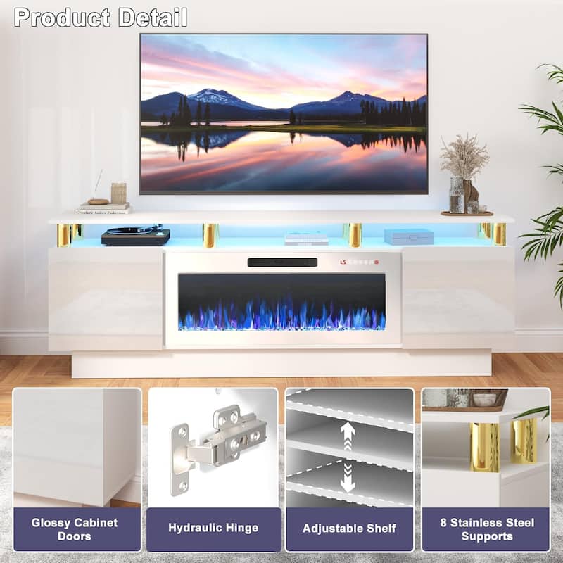 BOSSIN 70" Modern Electric Fireplace TV Stand, with Electronic Flame and LED Lights, High Gloss Finish Entertainment Center