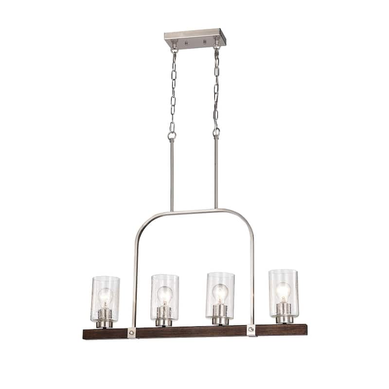 Brushed Nickel and Wood 4-Light Linear Island Lighting with Seedy Glass - Brushed Nickel and Wood