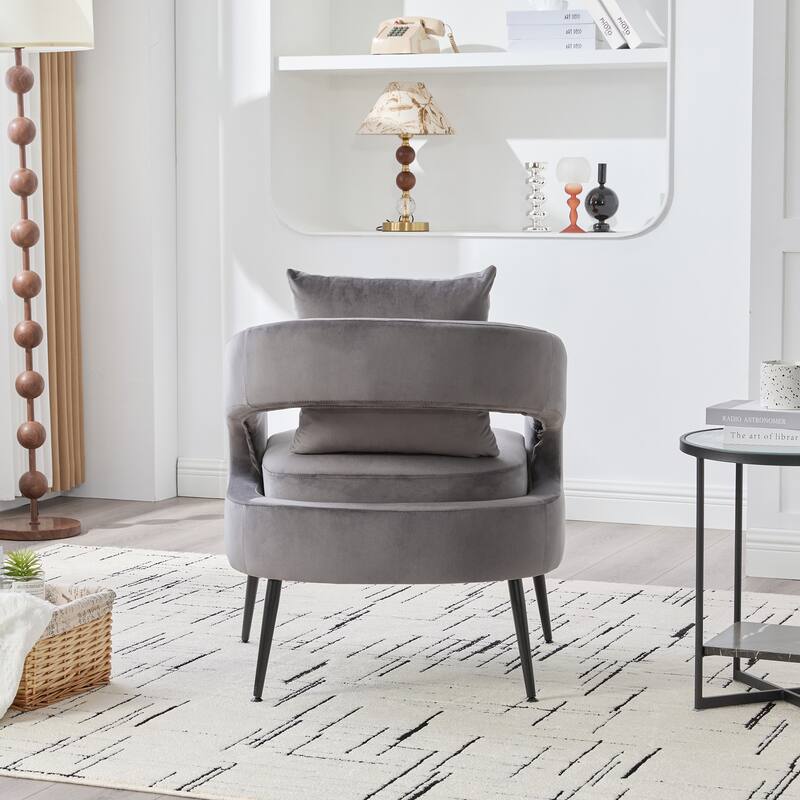 Modern Velvet Open Back Accent Chair Barrel Dining Chair Metal Legs Charcoal Living Room