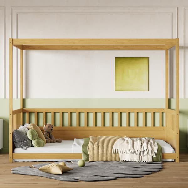 slide 2 of 15, Twin Canopy Floor Bed with 21.45" Rails, Curtain Ready Natural Wood