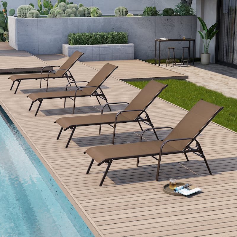 Set of 4 Lounge Chairs Outdoor Chaise Lounge with Arms and Adjustable Back - Brown