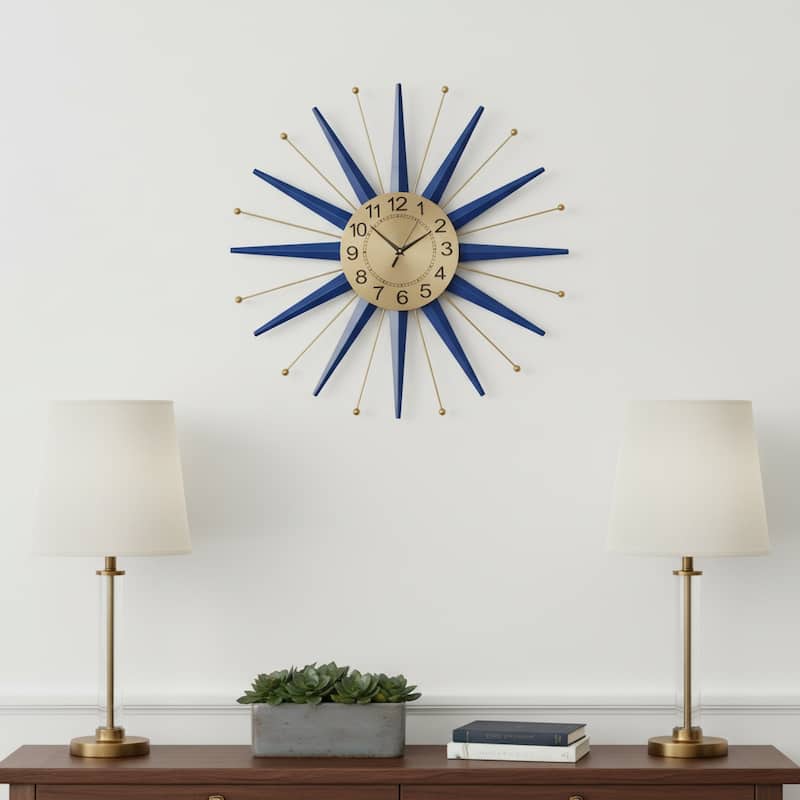 HomeRoots 27" Blue And Gold Metal Silent Analog Starburst Wall Clock - 27.00 in. x 27.00 in. x 2.00 in. - 27.00 in. x 27.00 in.  x 2.00 in.