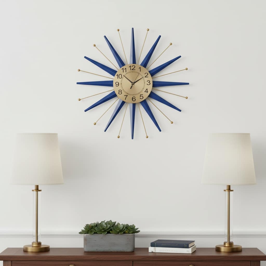 HomeRoots 27" Blue And Gold Metal Silent Analog Starburst Wall Clock - 27.00 in. x 27.00 in. x 2.00 in.
