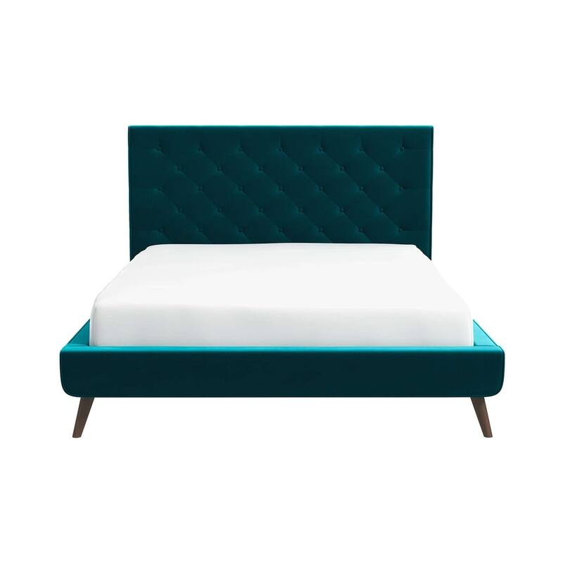Velvet Platform Bed with Tufted Headboard and Tapered Legs, Queen Size
