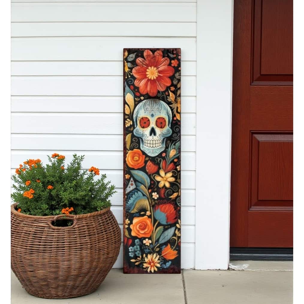 HomeRoots 36" Black And Orange Solid Wood Day of the Dead Skull Porch Sign