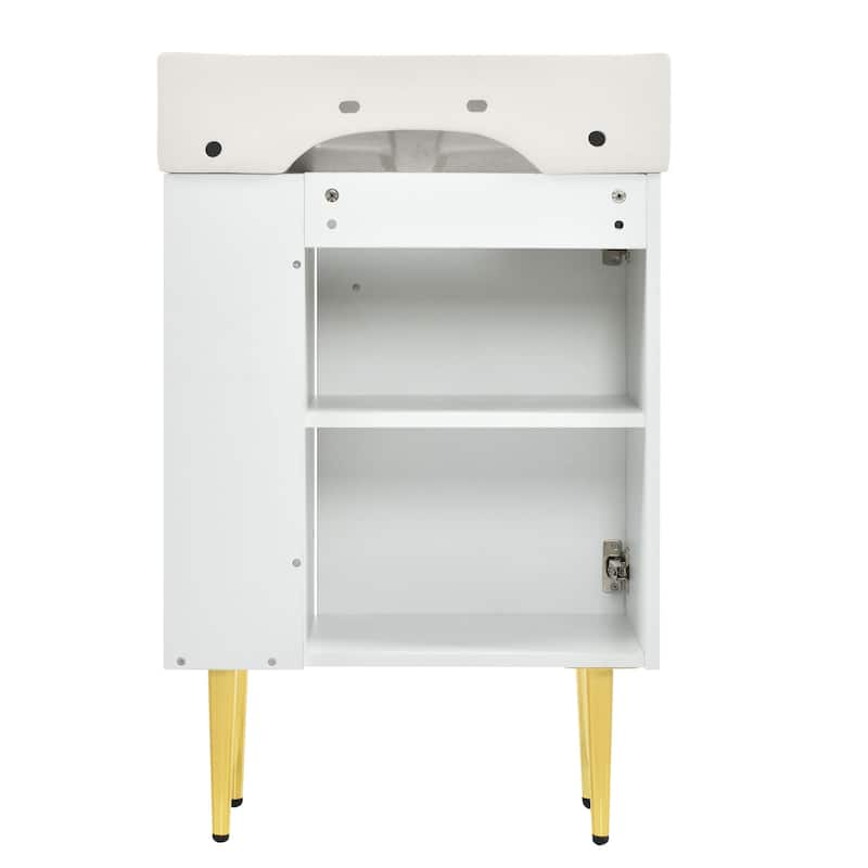 21.6" White Bathroom Vanity with Side Storage, Ceramic Undermount Sink, Soft-Close Door, and Elegant Golden Handle