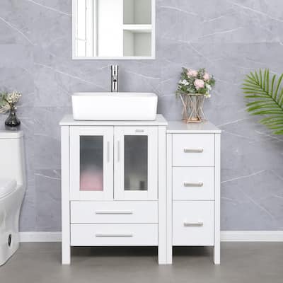 36" White Bathroom Vanity Sink Set with Side Cabinet Vessel Sink Faucet Combo