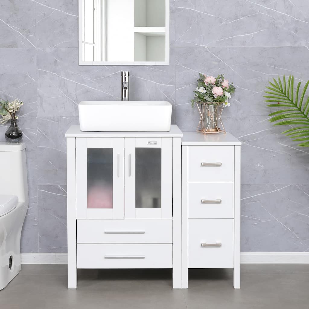 36" White Bathroom Vanity Sink Set with Side Cabinet Vessel Sink Faucet Combo