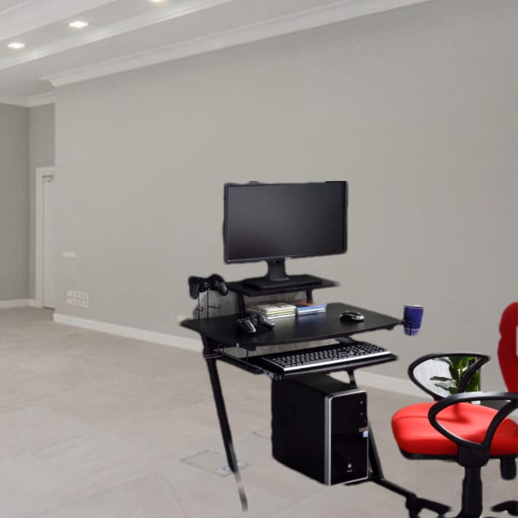 Industrial Gaming Desk with Built-In Keyboard Tray and Spacious Storage for Essentials, Mobile with Wheels