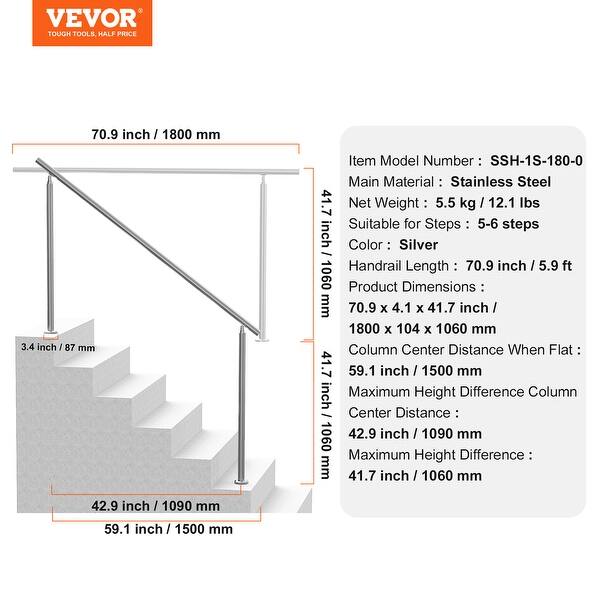 VEVOR Handrails for Outdoor Steps, 70.9 in./ 180cm Length Stair Hand Rail Kit, Transitional Stainless Steel Railings