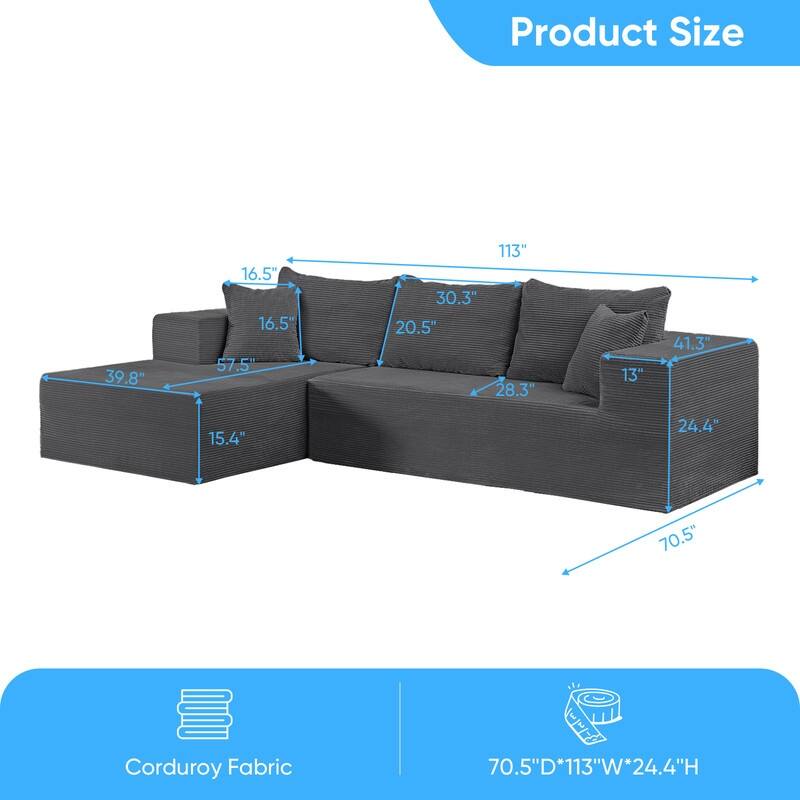 Mixoy Modern 113''Minimalist 2-Piece Corduroy Modular Chaise Sectional Sofa Deep Seat,L-Shaped Upholstered Couch With Chaise