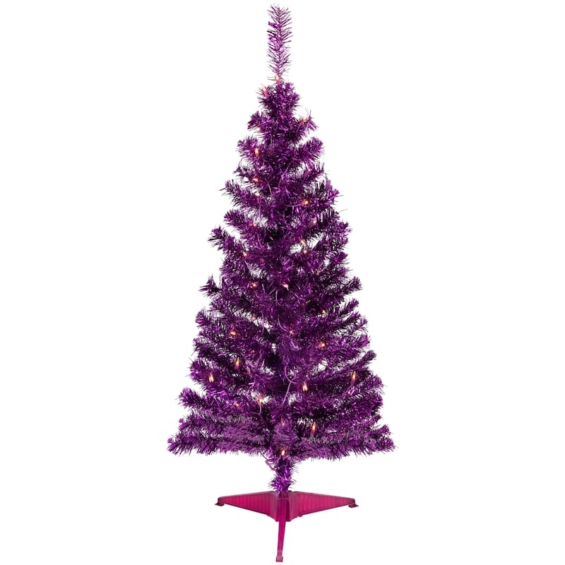 4' Purple Tinsel Artificial Christmas Tree- Clear Lights, Purple Wire - 4 Foot