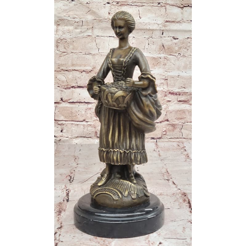 Bronze Country Maiden Statue – Charming Woman With Basket Sculpture For Rustic Decor