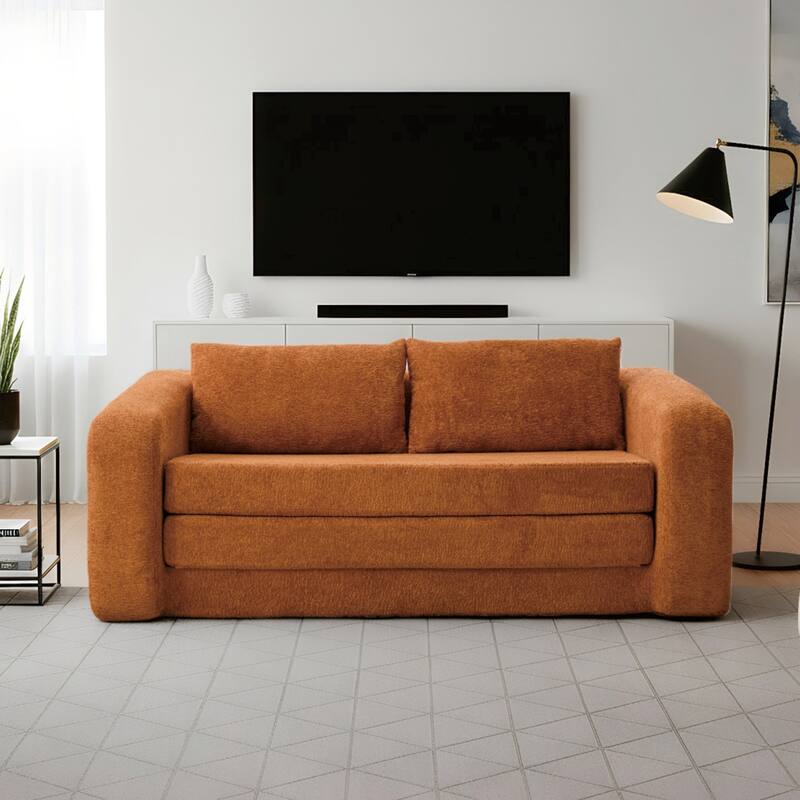 71.2"W 2-in-1 Foldable Pull Out Loveseat Sofa Bed Equipped with Armrest & Backrest Pillows - ORANGE