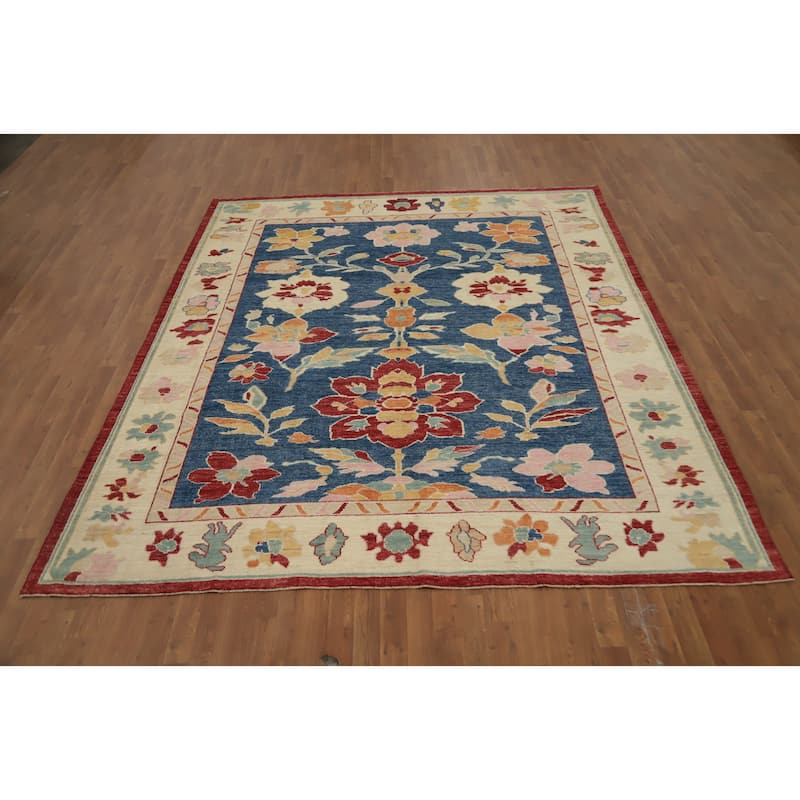 Hand Knotted Oriental 100% Wool Carpet Transitional Floral Navy Blue & Blues Oushak Area Rug - 9' 10'' X 8' 4''