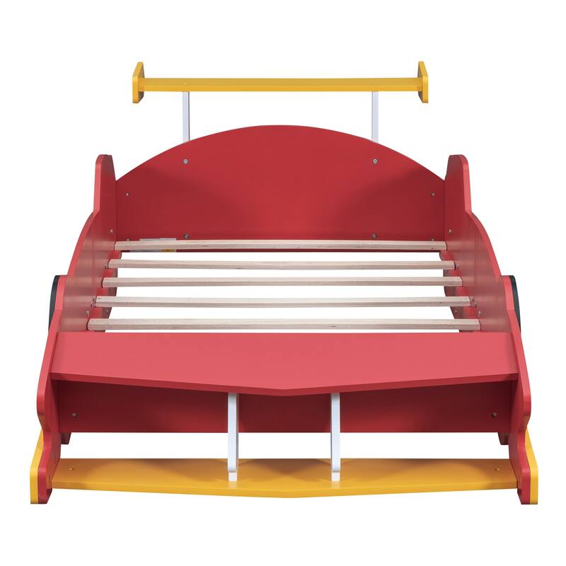 Race Carshaped Toddler Floor Bed Twin Size Grounded Bed with Front Storage Shelves, Wheels and Guardrail, Wooden Platform Bed