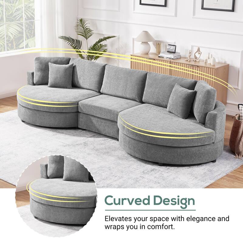 Roomfitters Modern Curved 3-Seater Sofa Couch with Throw Pillows, 129 Inch Wide