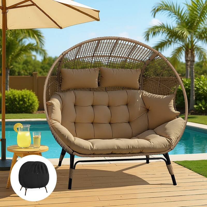 FINCATI Outdoor Loveseat Wicker Egg Chair, 57.1 in Wide, 680-lb Capacity - 2 PCS-Brown