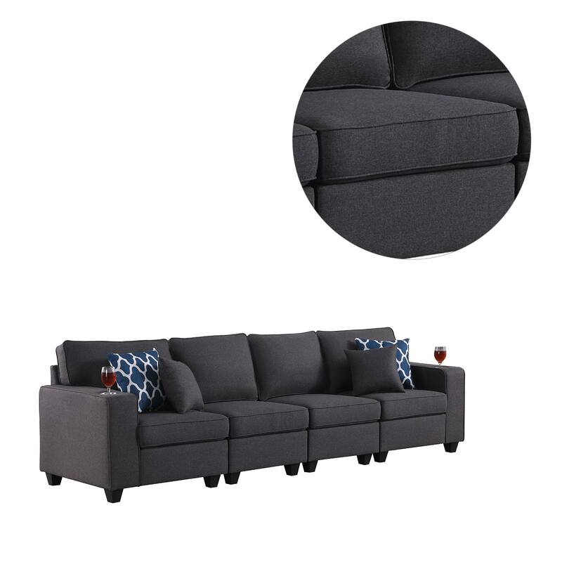Linen Upholstered 4-Seater Sofa with 2 Cupholders in Dark Gray