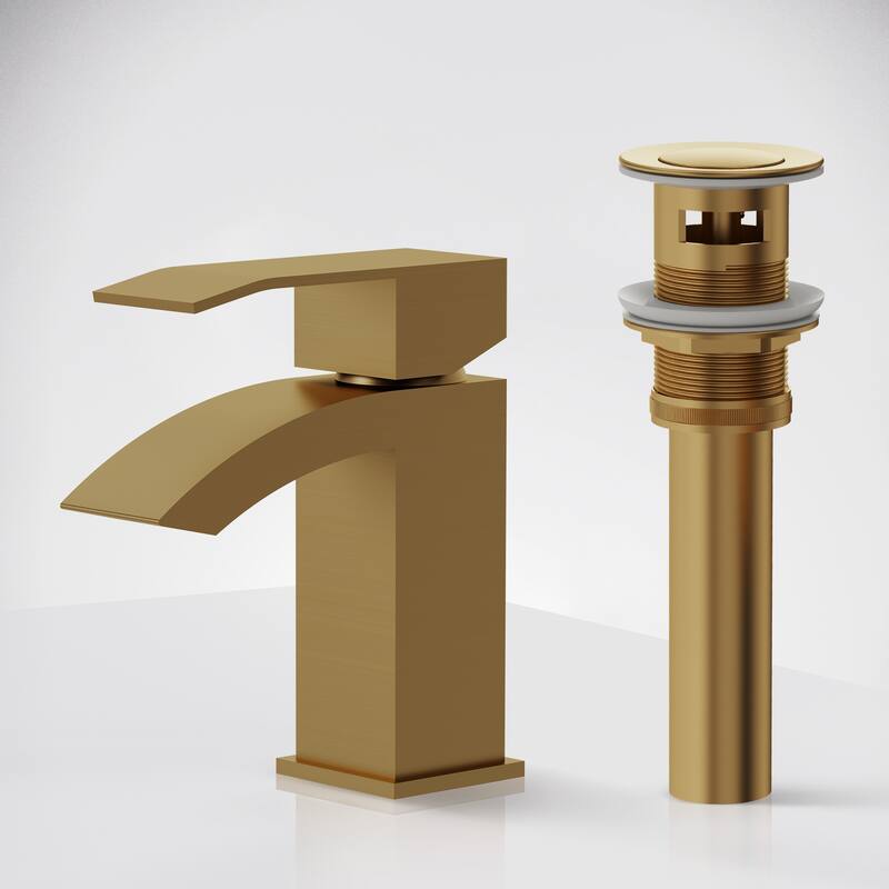 Single Handle Single Hole Waterfall Bathroom Faucet with Pop‑Up Drain - Brushed Gold
