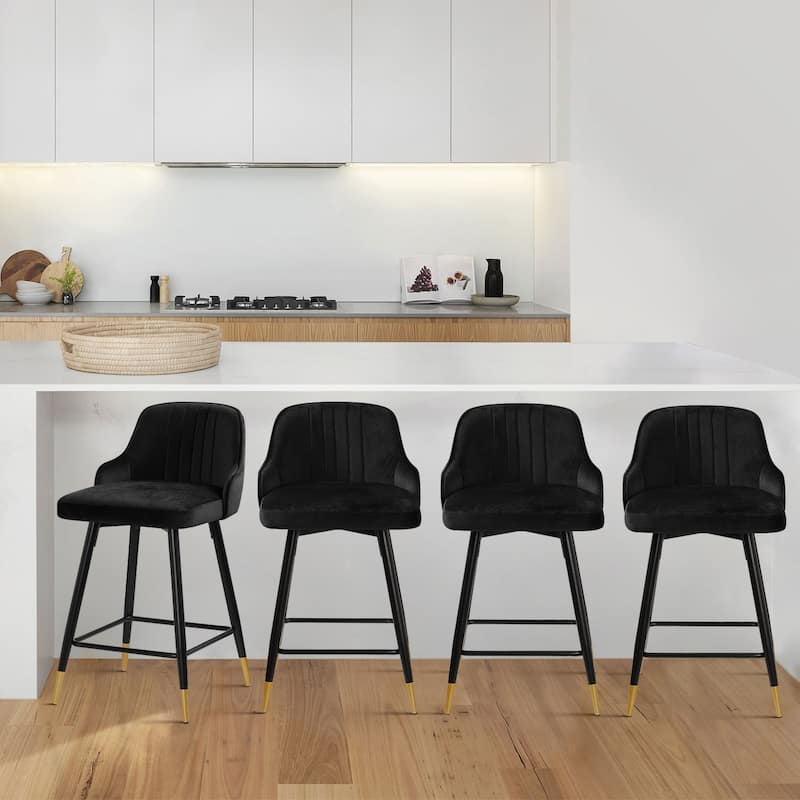 Modern Velvet Upholstered Swivel Counter/ Bar Stools Set of 2/4 - Set of 4 - Black - Counter Height