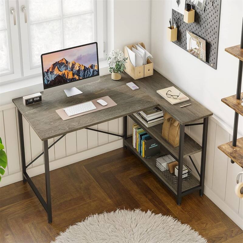 Small L Shaped Desk with Storage Shelves - 35"D x 47"W x 29.1"H - Grey