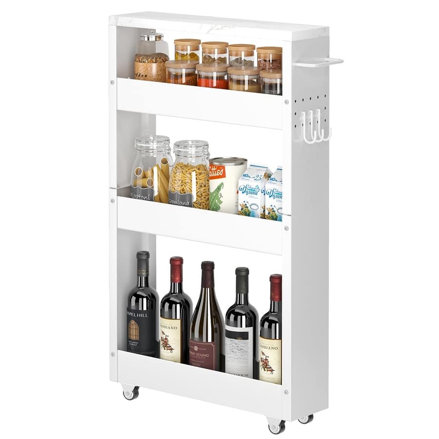 Slim Storage Cart, 4-Tier Kitchen Rolling Cart Narrow Storage Cabinet with Handle & Wheels, Metal Rolling Shelf Unit
