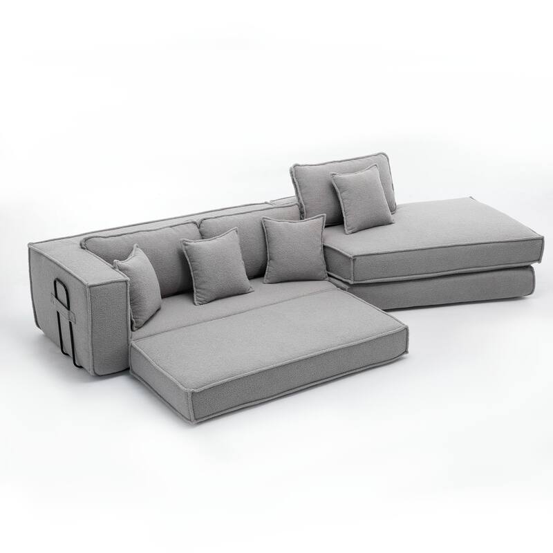 133" Lamb Velvet Convertible Sectional Sleeper Sofa with 7 Pillows