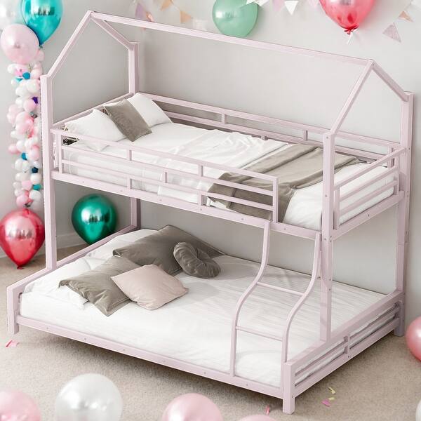 slide 2 of 16, 2 IN 1 Twin over Full Metal House Bunk Bed With Sturdy Frame Pink