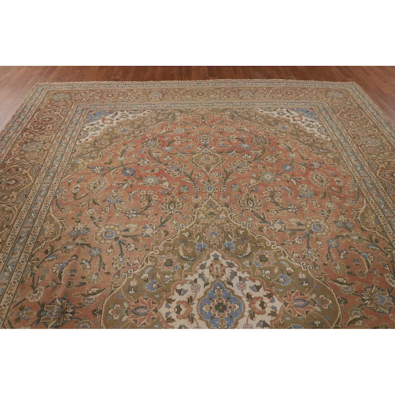 Traditional Mashad Persian Vintage Area Rug Hand-Knotted Wool Carpet - 9'7" x 13'5"