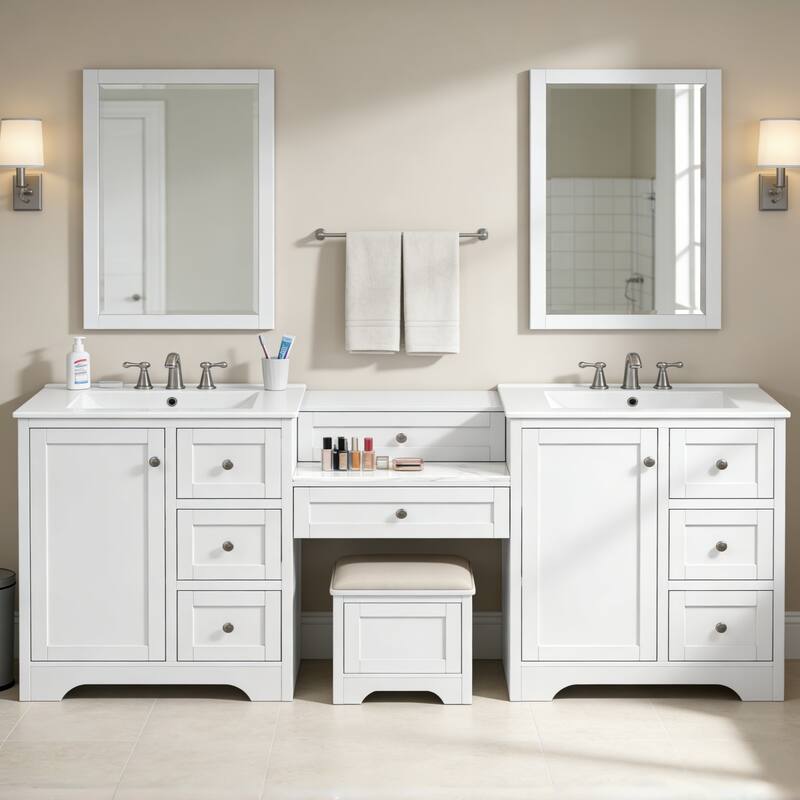 Christopher Knight Home - Wooden 84 Inches Double Sink Bathroom Vanity (Separate Sink) with Engineered Stone Countertop
