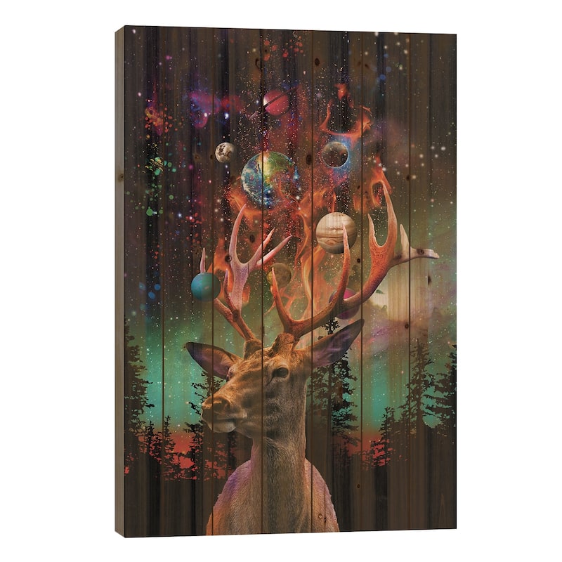 Planetary Deer Print On Wood by David Loblaw - Multi-Color - 26x18x1.5