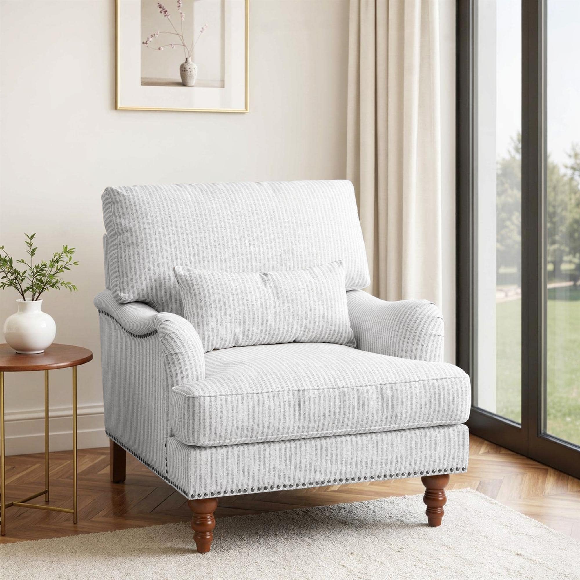 Oversized Chenille Accent Chair with Nailhead Trim and Lumbar Pillow
